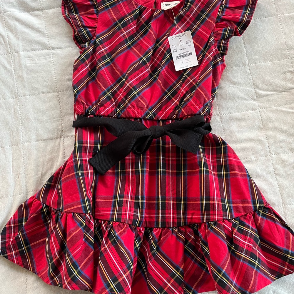 Crewcuts NEW Tartan plaid Red Christmas Holiday Dress Size 2 Black Ribbon Belt - Picture 6 of 14